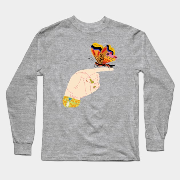 Butterfly on a finger Long Sleeve T-Shirt by ezrawsmith